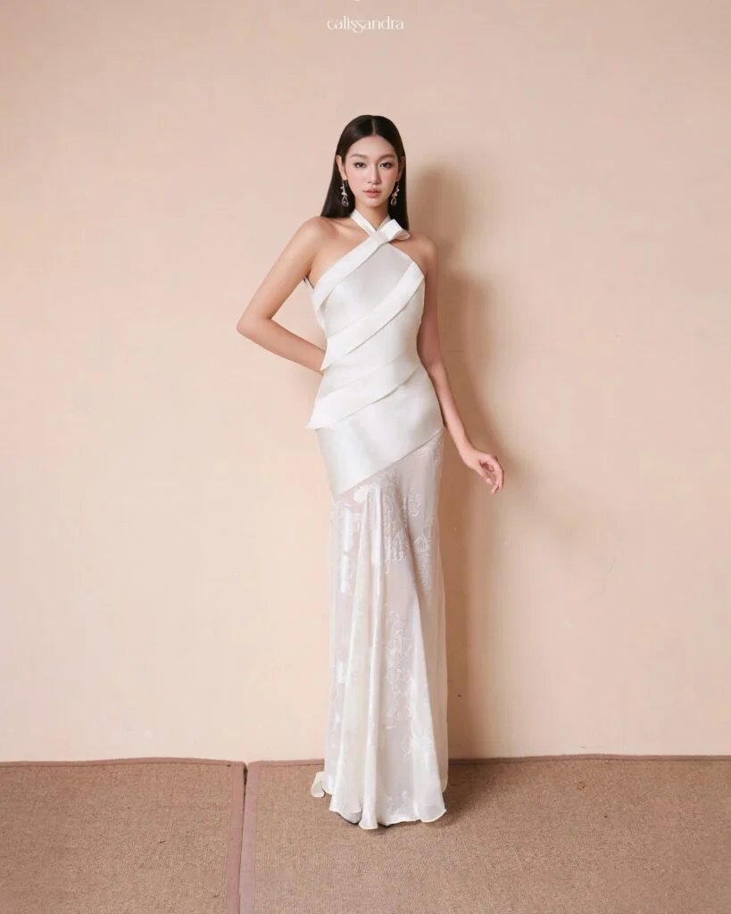 CLIN Apparel ivory halter dress with jacquard texture