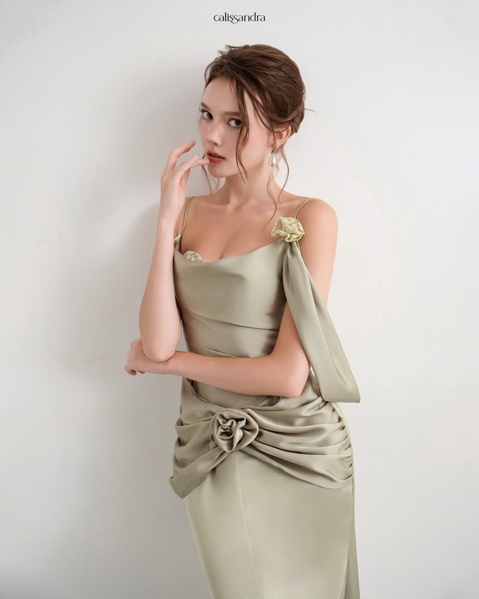 Auriane sage olive dress with floral shoulder detail and draped waist