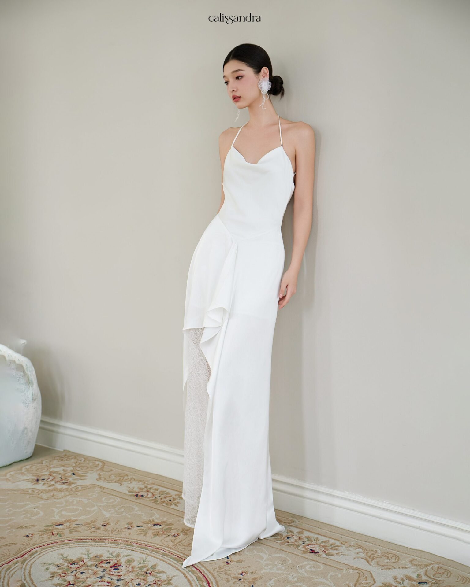 Full-length white Opaline dress with a softly draped skirt