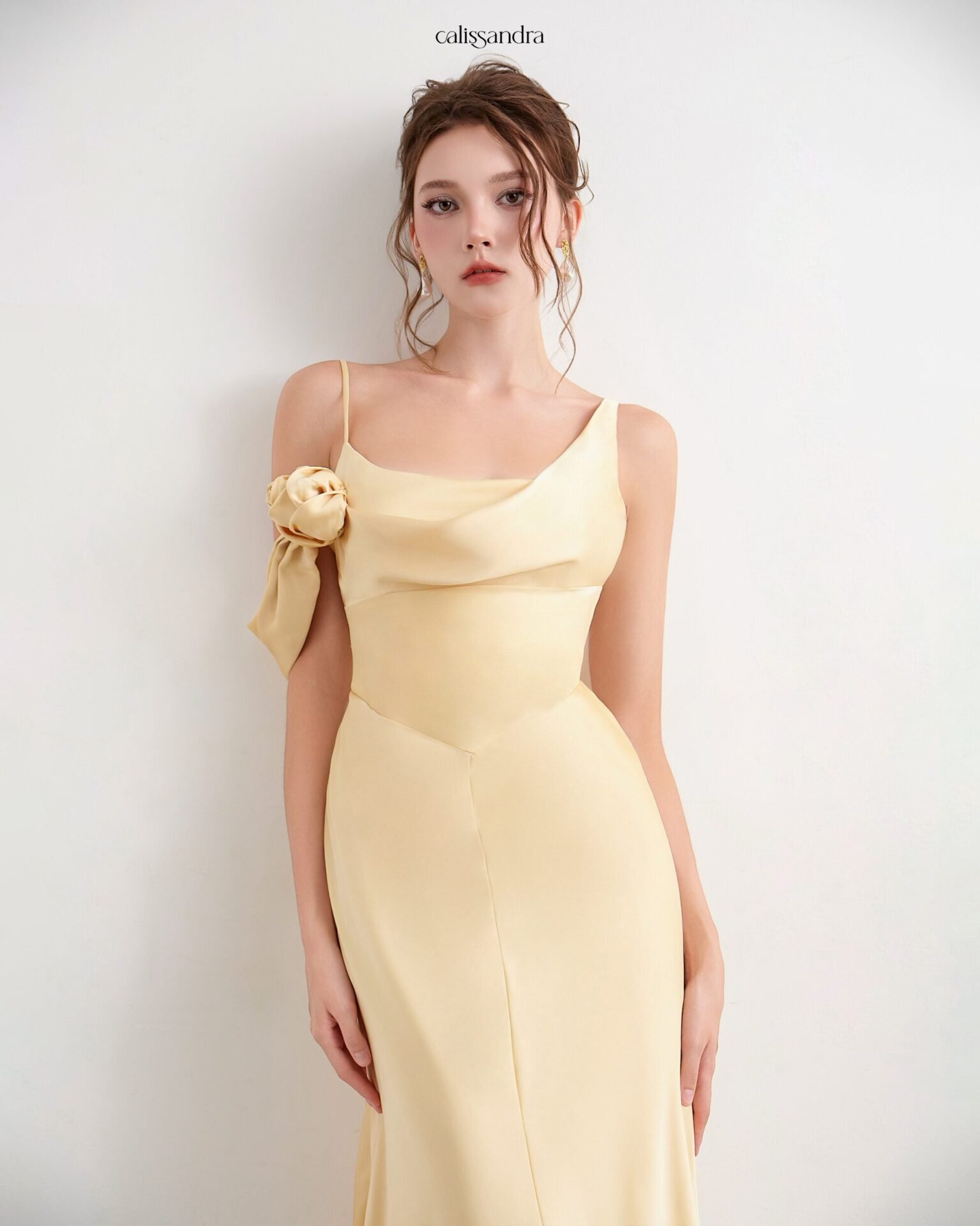 Roumaissa butter yellow one-shoulder dress with floral detail
