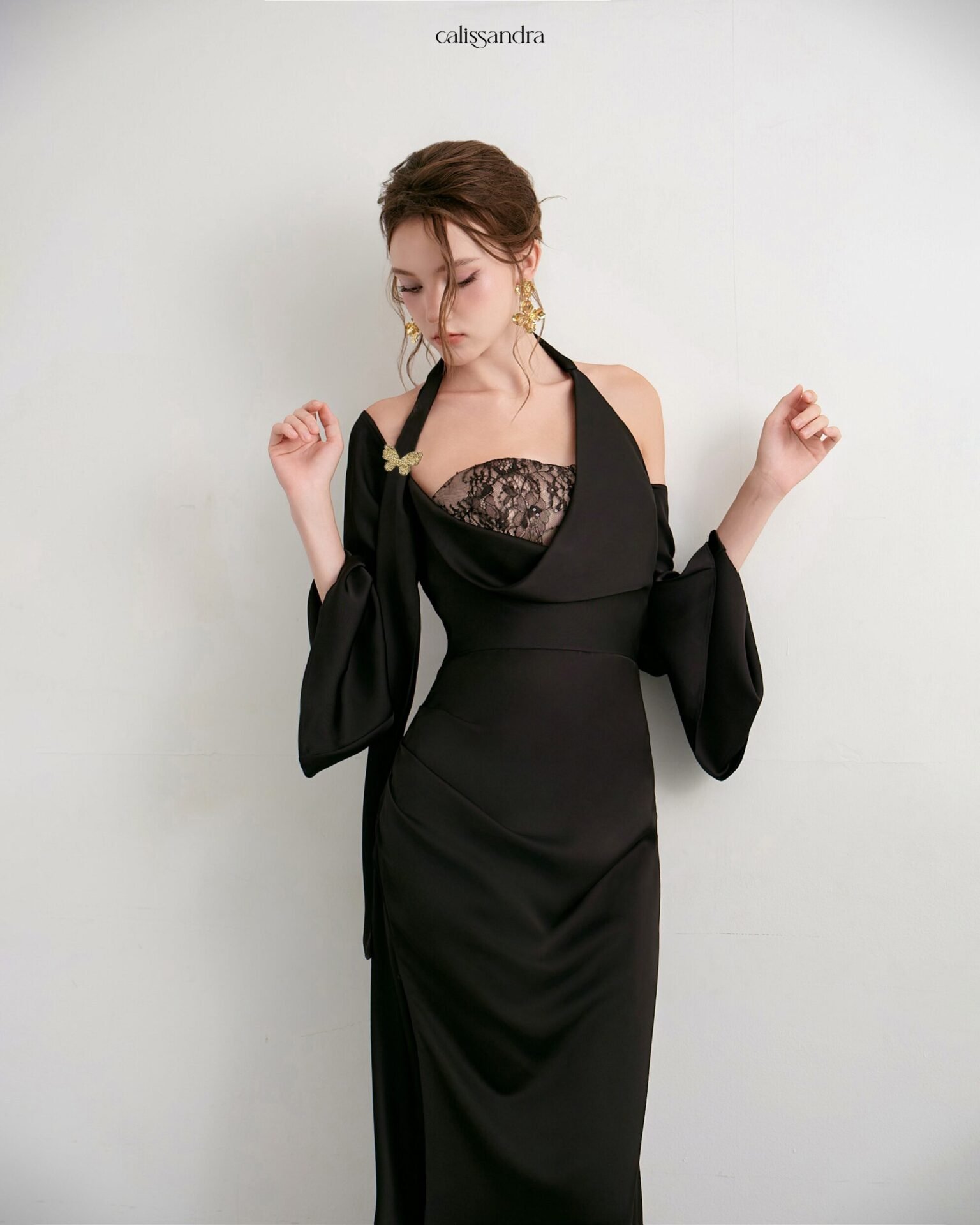 Sabrina black halter dress with lace neckline and matching wrap