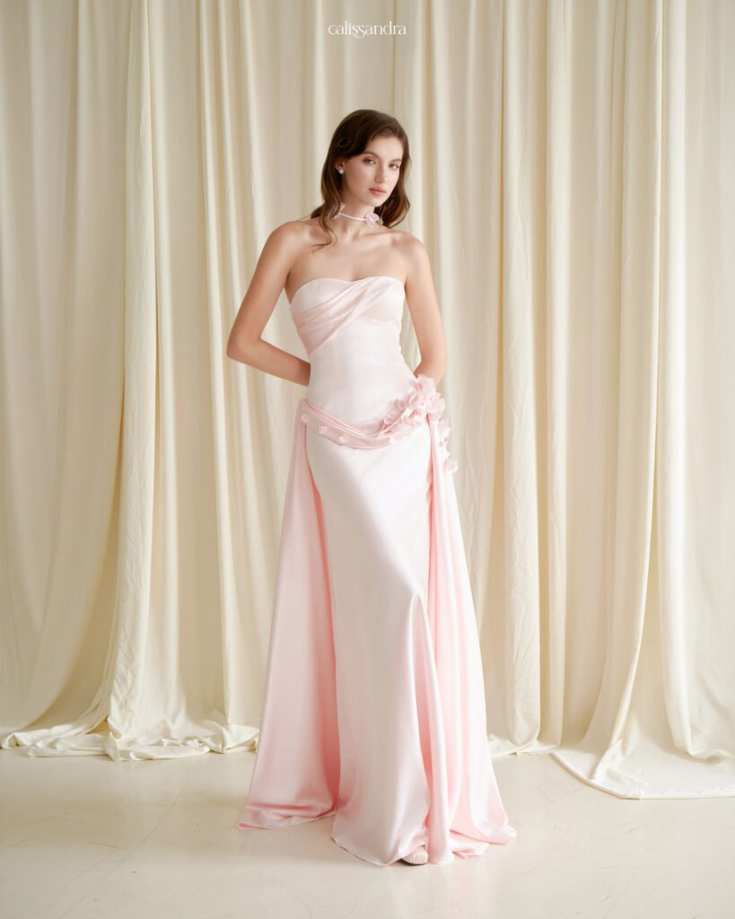 Virelle pale pink floor-length dress with draped skirt
