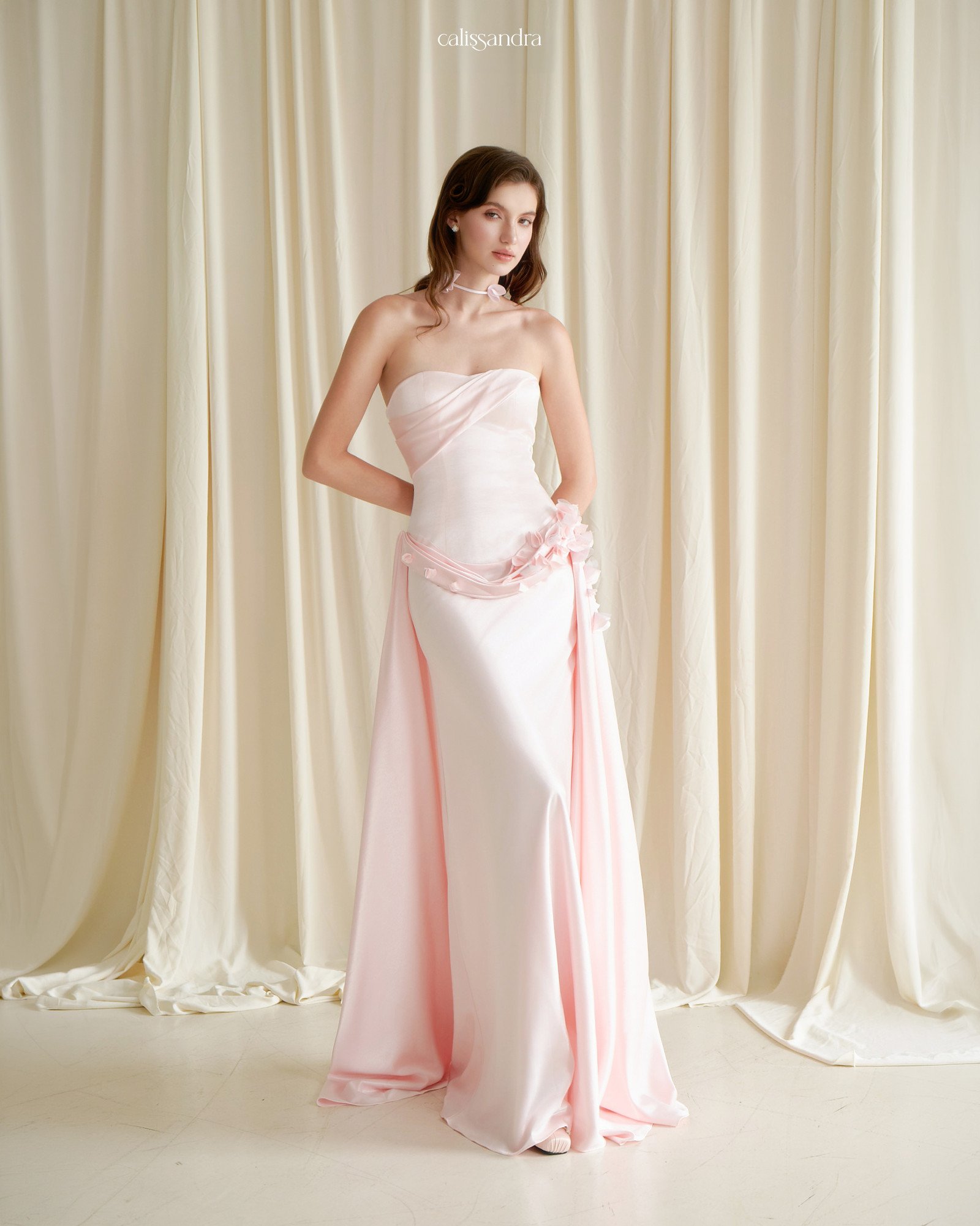 Virelle pale pink floor-length dress with draped skirt